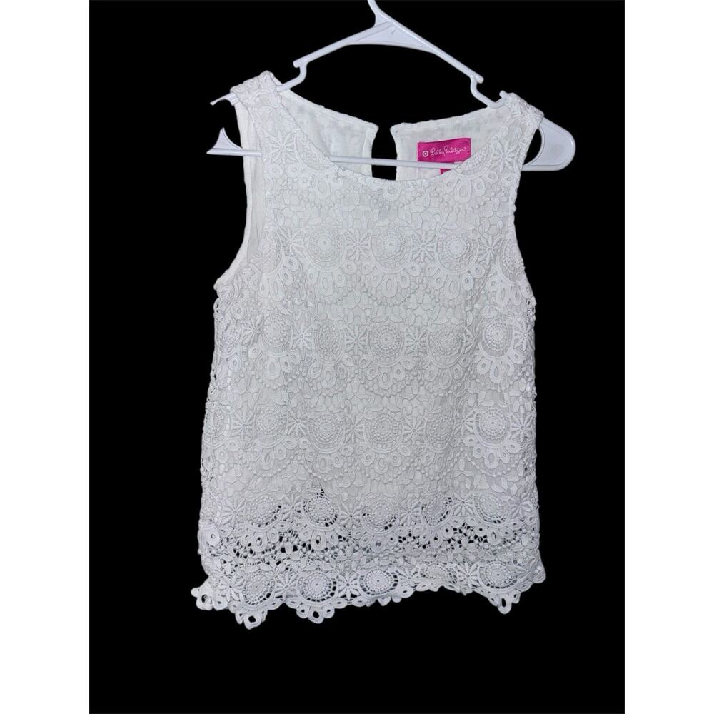 Lilly Pulitzer Top XS Sleeveless Resort Style White Floral Eyelet Overlay